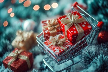 wrapped gifts arranged in a shopping cart on a festive background