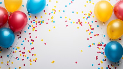 Vibrant balloons and confetti on white table for a joyful birthday celebration background