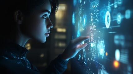 Aufkleber - A person interacts with a glowing holographic display, exploring various icons and graphs that provide an immersive experience in a high-tech setting