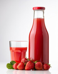 A strawberry juice bottle with a glass and fresh strawberries against a white background for a refreshing drink experience