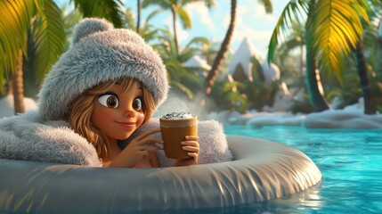 Poster - A cheerful girl enjoys a warm drink while relaxing in a pool surrounded by tropical scenery.