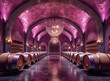 © Professional Agency - Luxurious wine cellar featuring wooden barrels, elegant chandelier, and vibrant pink and purple walls
