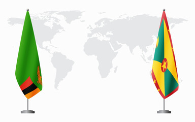 Zambia and Grenada flags for official meeting against background of world map.