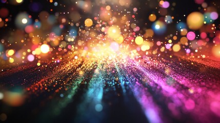 Poster - A dazzling display of light erupts from a central point, casting vibrant rays and colorful particles that create an enchanting atmosphere in the darkness