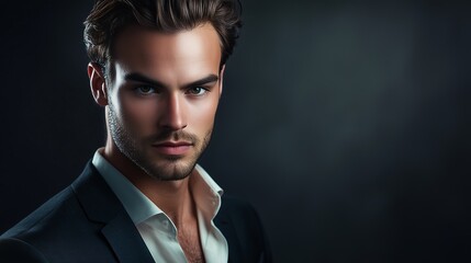 A close-up portrait of a handsome, confident man with styled hair and a well-groomed beard, wearing a white shirt against a neutral background.
