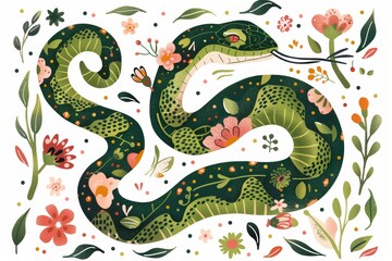 Illustrated snake with floral elements in nature