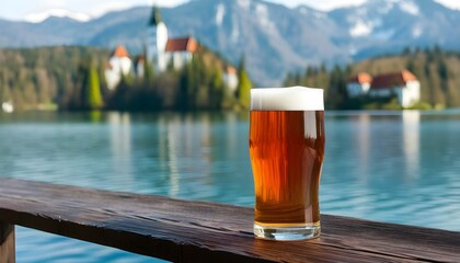 Canvas Print - Refreshing beer beside a serene lakeside view with a distant church under a clear sky