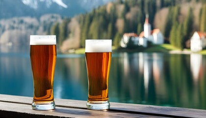 Canvas Print - Refreshing beer beside a serene lakeside view with a distant church under a clear sky