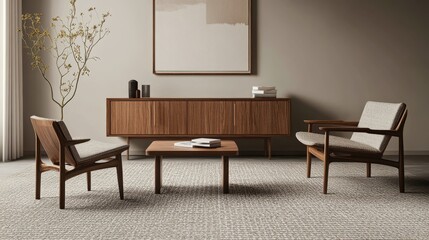 Poster - This cozy gray room showcases sleek wooden furniture and a patterned carpet, illuminated by gentle natural light. The inviting atmosphere invites relaxation