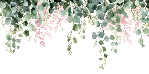 Wall Mural - A seamless border of watercolor flowers with pink and green blushing leaves, leaf branches. For use on wedding invitations, greetings, wallpapers, fashion, or prints.