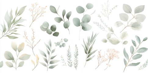 Sticker - An illustration bouquet set with green leaves, pink peach blush white flowers branches. It can be used for wedding invitations, greetings, wallpapers, fashion, and prints. It includes eucalyptus,