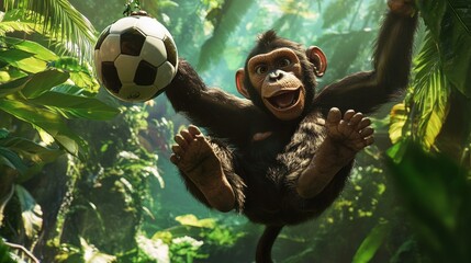 Sticker - A playful monkey hanging in a jungle, joyfully interacting with a soccer ball.