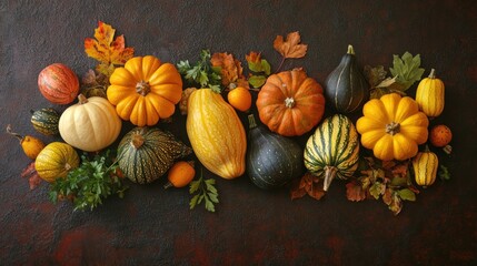 Poster - A colorful arrangement of pumpkins and autumn leaves on a dark surface.