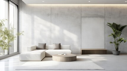 Poster - The spacious loft features a modern living area with a white sectional sofa, a round coffee table, and potted greenery, emphasized by ample natural light and minimal decor