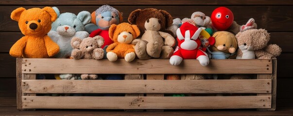 Worn-out wooden crate repurposed as a storage box, filled with vintage toys and stuffed animals