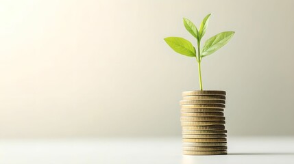 Stack of Coins with Plant Growth Symbolizing Investment and Prosperity, finance, economy, savings, wealth