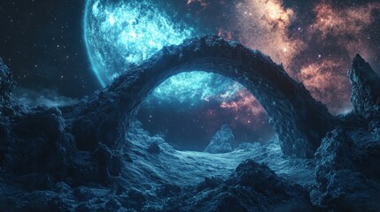 a large, rocky archway frames a vibrant blue planet and a galaxy of stars in a mysterious and fantas
