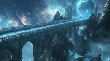 Wall Mural - A stone bridge spanning across a vast, starry space with a distant planet in the background.