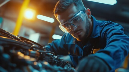 Poster - A focused technician working on machinery in a workshop setting.