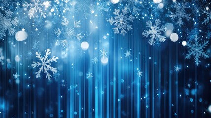 Poster - Christmas backdrop featuring blue vertical lines that fade away complemented by swirling sparkling snowflakes in a circular arrangement