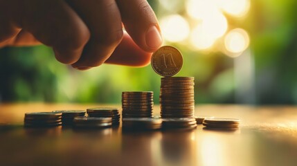 Canvas Print - A hand stacking coins, symbolizing savings and financial growth.