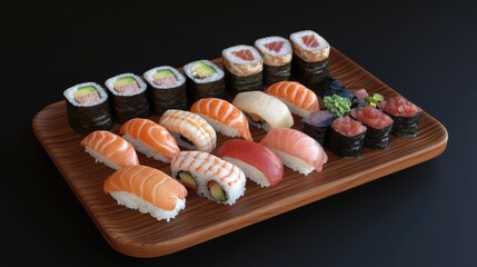 Poster - 3D model showcasing an assortment of delicious sushi on a wooden plate Includes various types like tuna crab salmon eel and rolls