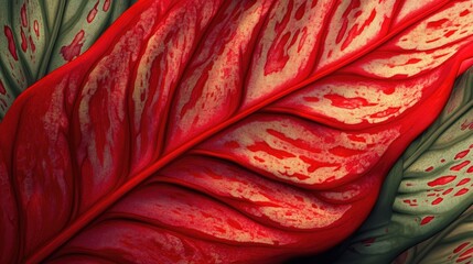 Aufkleber - Close up of a beautifully patterned exotic plant leaf featuring vibrant red veins and unique markings