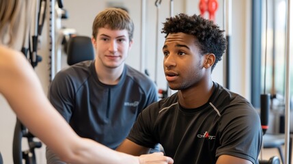 Two young men engage in a fitness training session with a trainer in a gym setting.