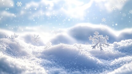 Poster - Festive winter background featuring snowdrifts silver decorative snowflakes and gentle snowfall against a blue sky ideal for banners with ample copy space