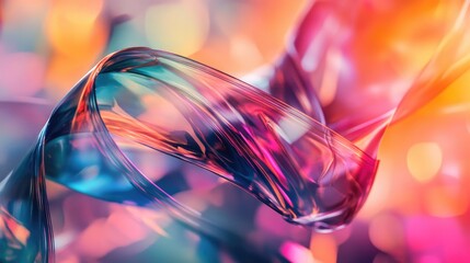 Aufkleber - Dynamic twisted plastic wraps with an abstract design against a blurred colorful background