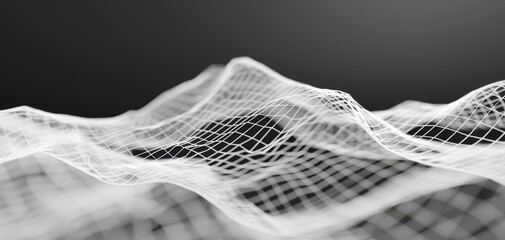 Abstract 3D wave-like grid structure with a black gradient background. The intricate lines create a sense of depth and movement, perfect for backgrounds or tech-related designs.