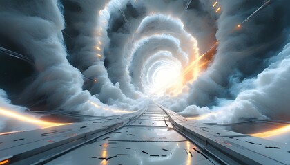 Wall Mural - Futuristic Gas Cloud Energy Tunnel with Infinite Light Glow in a Cybernetic Space Perspective