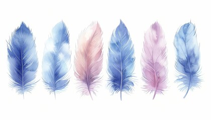 A collection of delicate watercolor feathers in soft blue and pink hues, perfect for various design projects or backgrounds.