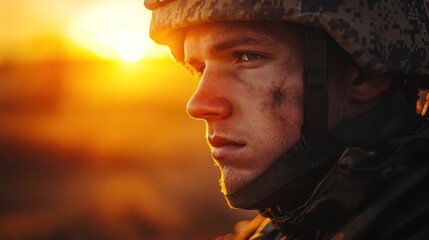 Poster - A soldier gazes into the sunset, reflecting determination and resilience.