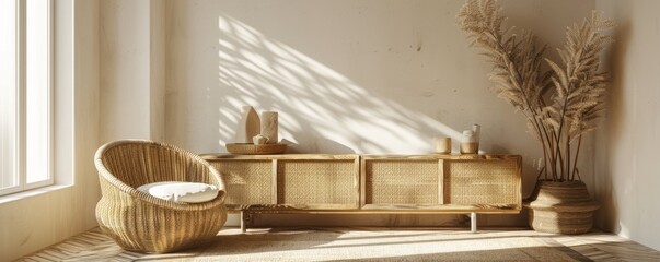 Fototapete - Stylish interior featuring natural materials, soft light, and minimalist design, perfect for modern home decor inspiration.