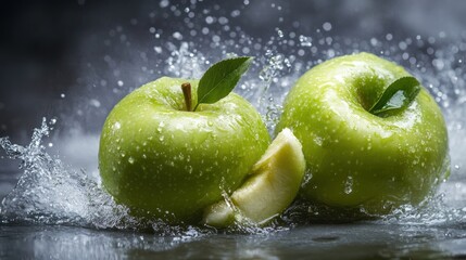 Green apples with water splash.