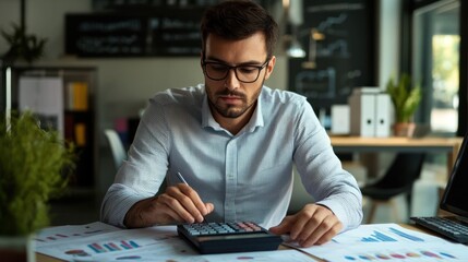 Poster - A man working on calculations with a calculator, surrounded by documents and charts.