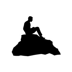 Man Sitting on Peak Rock Silhouette – Vector Illustration Isolated on White Background