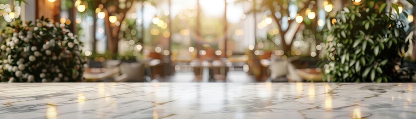 Fototapete - Elegant interior with a bright ambiance, featuring greenery and a marble surface, ideal for relaxation and social gatherings.