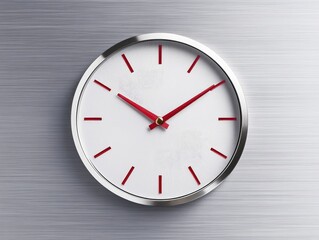 Elegant wall clock with red accents against a brushed metal background, symbolizing modern design and time management.