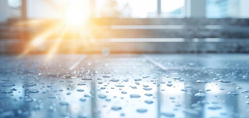 Poster - A serene close-up of water droplets on a reflective surface, capturing the soft glow of sunlight in a modern indoor setting.