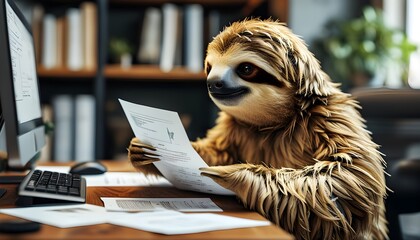 Wall Mural - Sloth Working Diligently at Office Surrounded by Paper Documents and Generative AI Tools