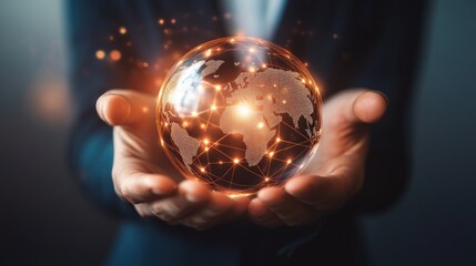 A man holds a glowing globe of the world in his hands, representing global connection and technology.