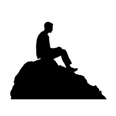 Silhouette of Man Taking a Break on Rock – Vector Illustration Isolated on White