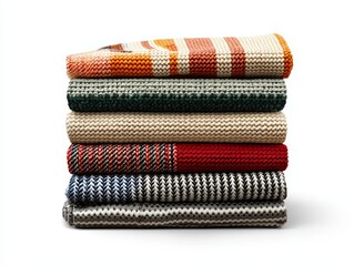 A stack of hand-woven blankets in vibrant colors, neatly folded in a cozy living room isolated on white background.