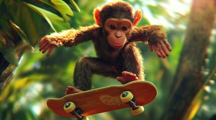 Canvas Print - A playful monkey skateboarding in a lush, vibrant jungle setting.