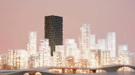 3D printed model of a large-scale city with skyscrapers made from grid-like blocks of different heights, located in Paris and connected by bridges. 