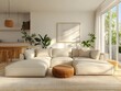 © Boss Architectura  - A bright and airy modern living space featuring a plush L shaped sectional sofa in a neutral tone minimalist yet stylish decor with natural wood and plant life accents