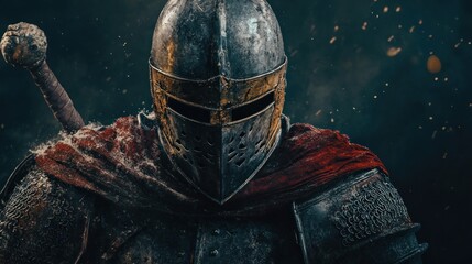 Close up of a knight in armor with a sword, with dust particles in the air.