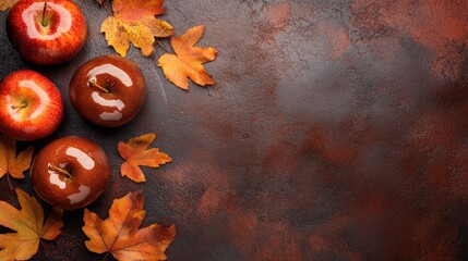 Sticker - A rustic arrangement of red apples and autumn leaves on a textured background.